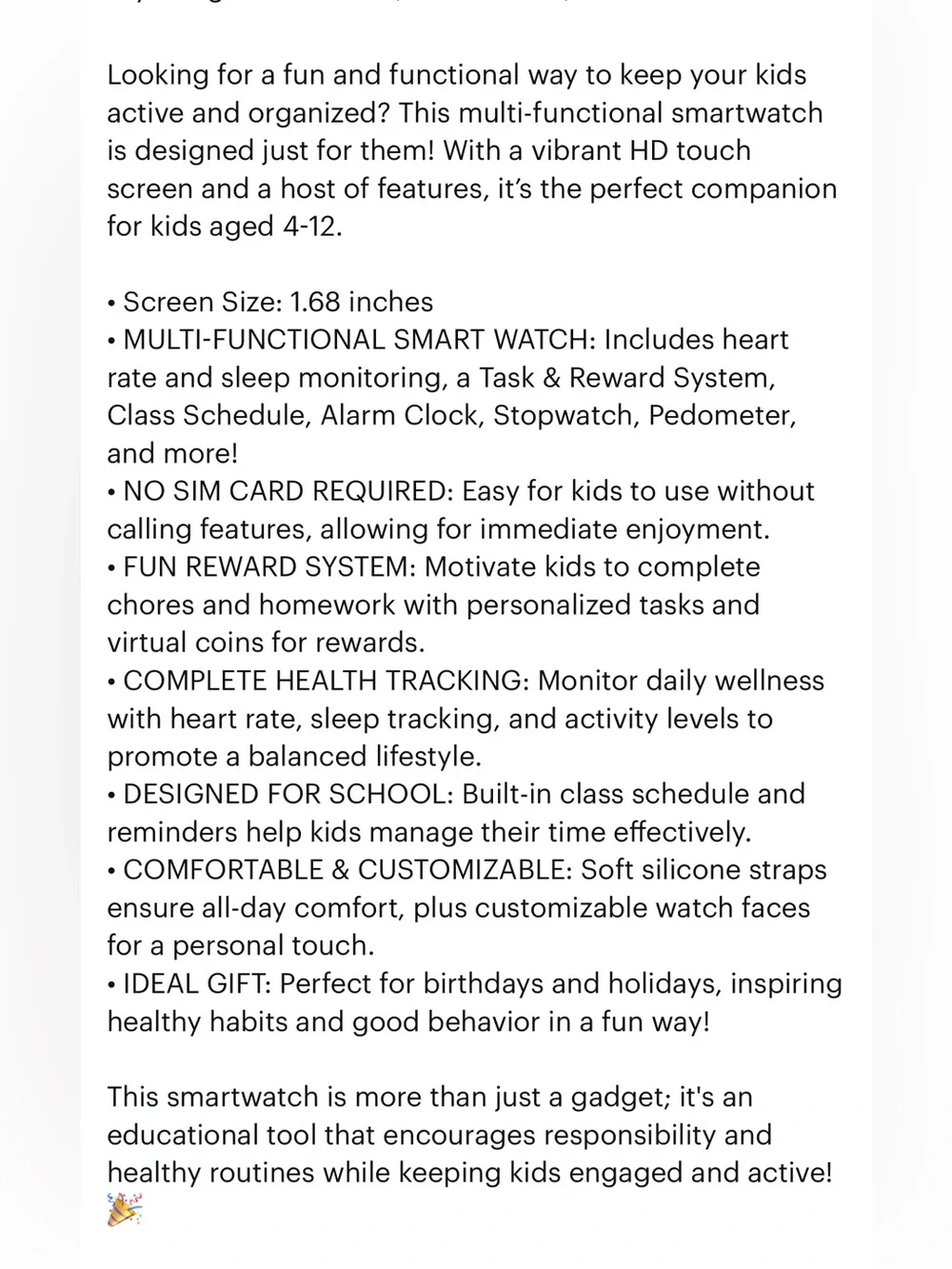 Kids Smart Watch - HD Touch Screen Fitness Tracker, Heart Rate Monitor